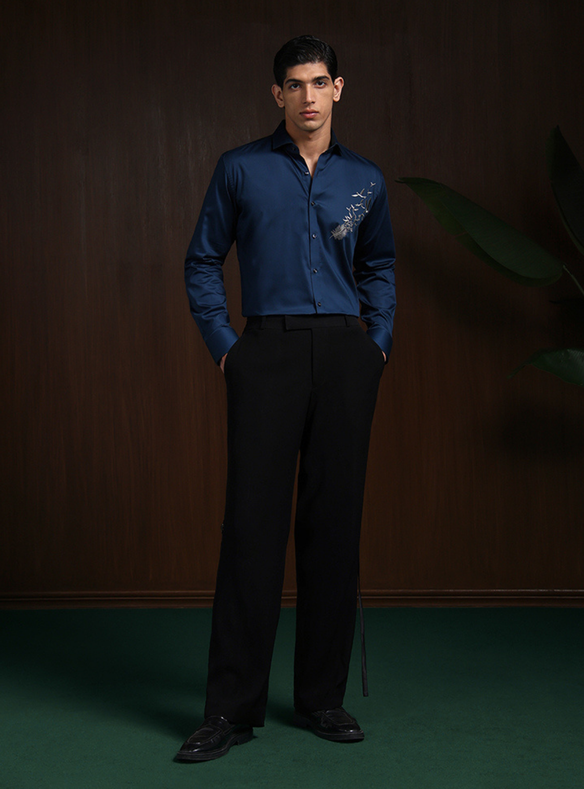 Navy Blue Slim Fit Cotton Shirt with Bold Contemporary Embroidery
