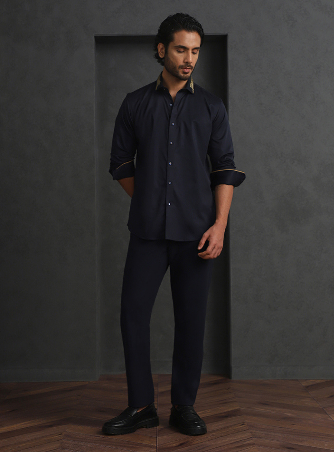 Navy Blue Slim Fit Supima Cotton Shirt with Striking Embroidery Detailing