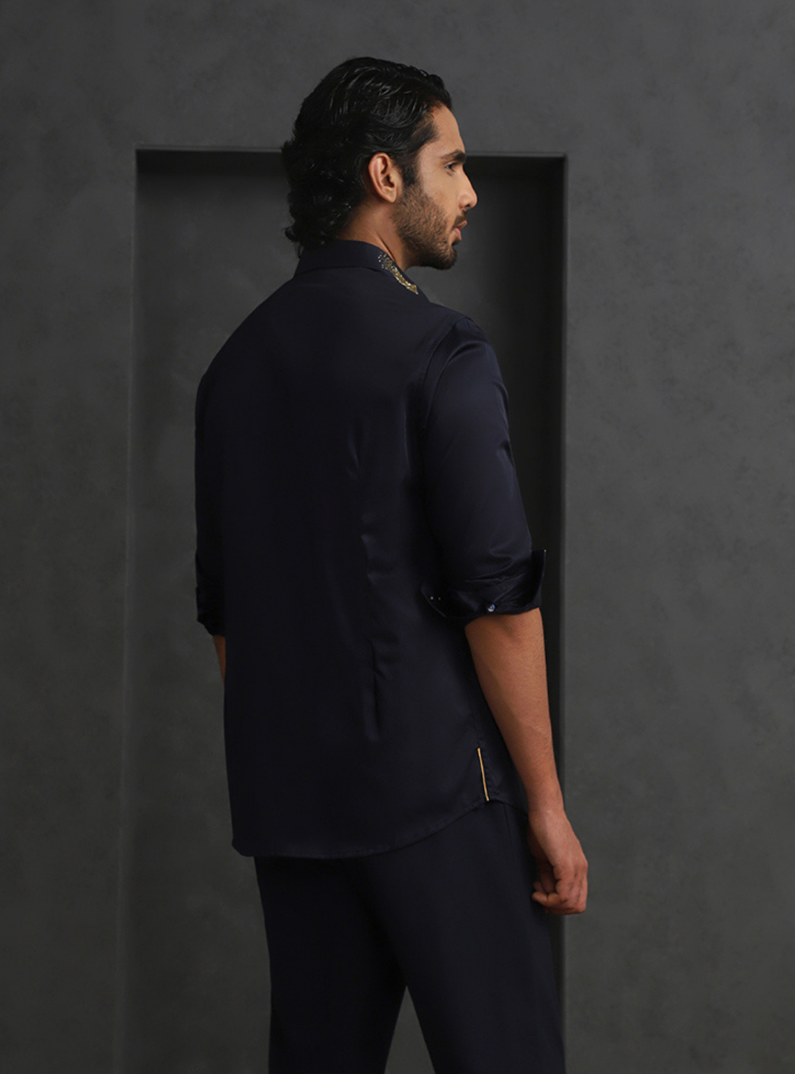 Navy Blue Slim Fit Supima Cotton Shirt with Striking Embroidery Detailing