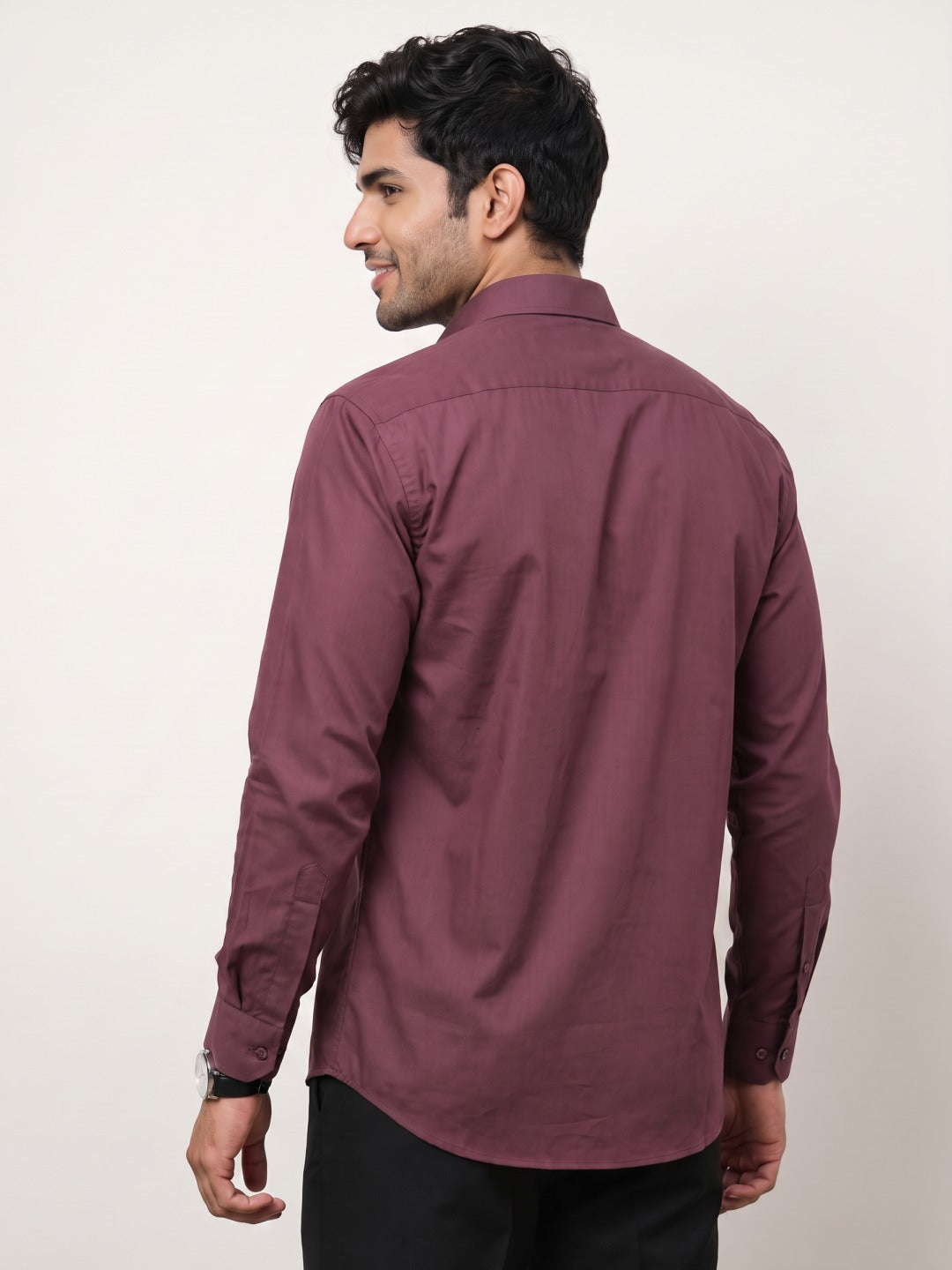 Wine Cotton Slim Fit Shirt with Beaded Embroidery