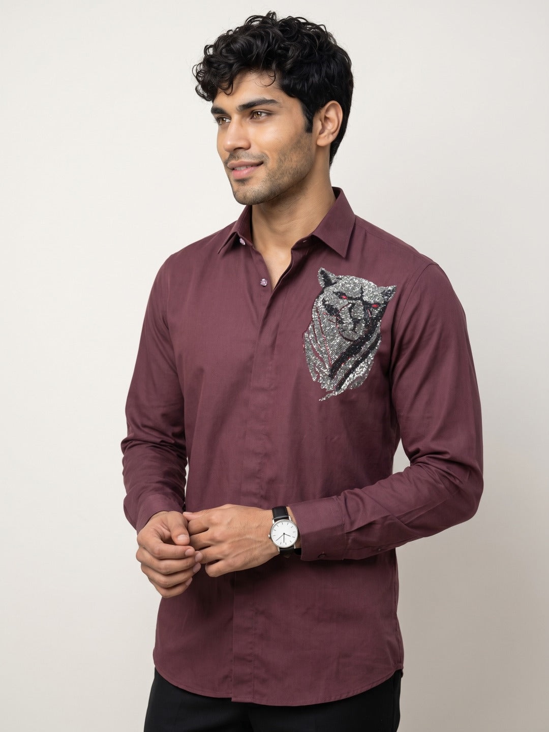 Wine Cotton Slim Fit Shirt with Beaded Embroidery