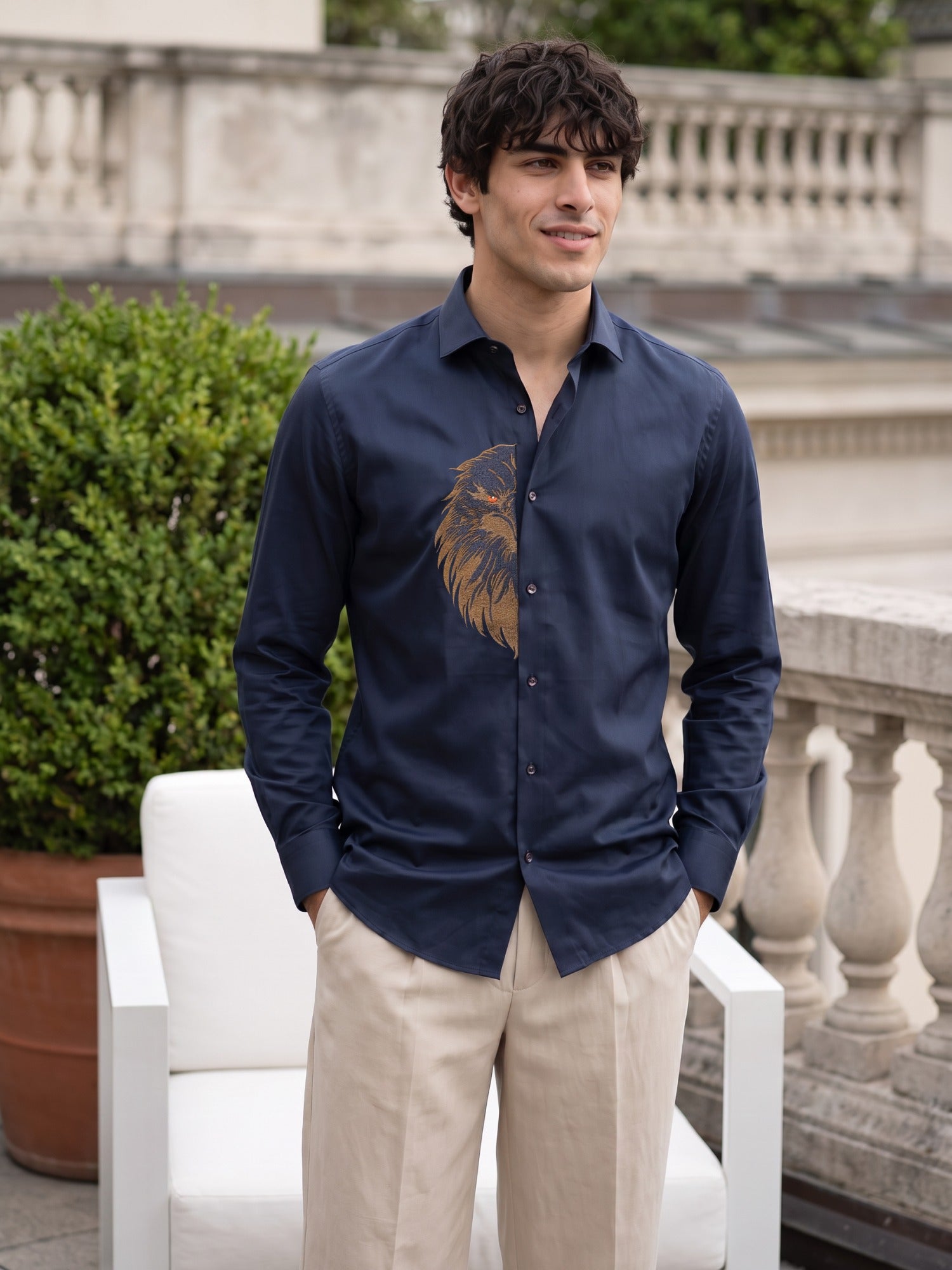 Navy Blue Eagle Embroidered Cotton Slim Fit Shirt For Men