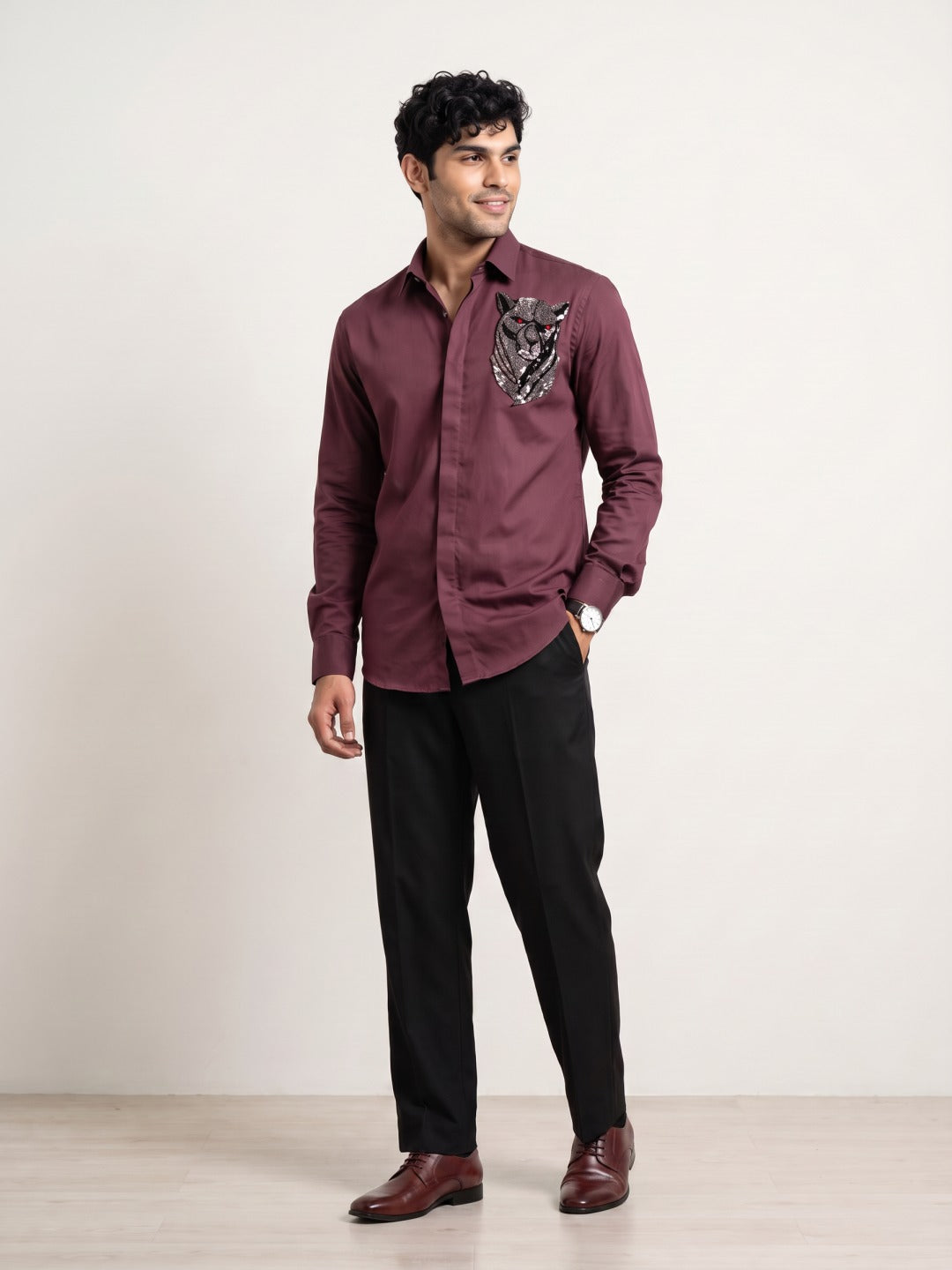 Wine Cotton Slim Fit Shirt with Beaded Embroidery