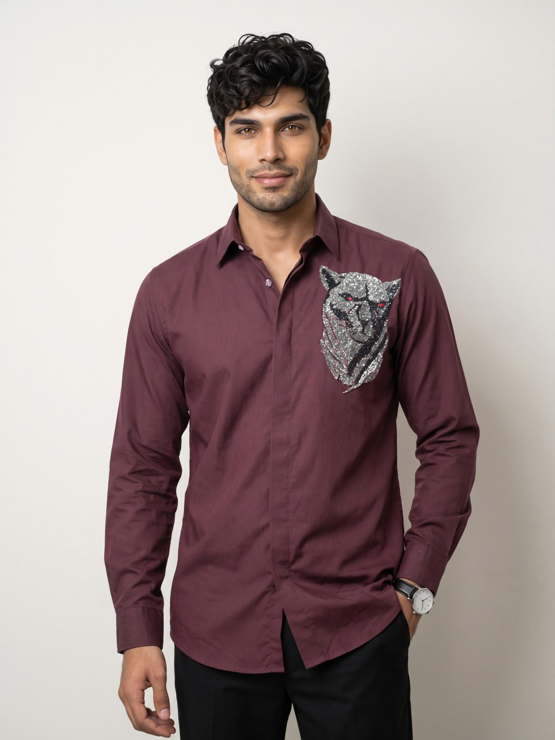 Wine Cotton Slim Fit Shirt with Beaded Embroidery