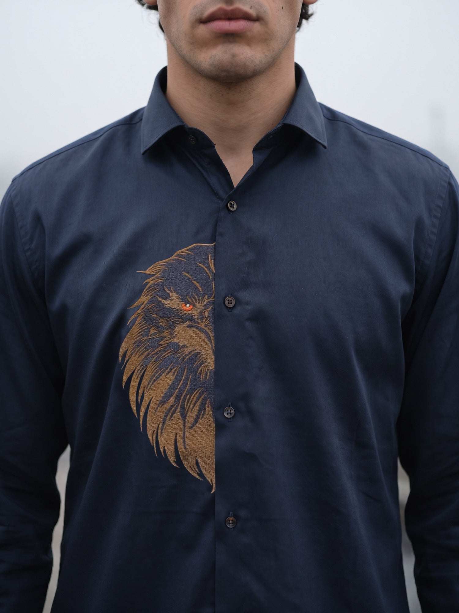 Navy Blue Eagle Embroidered Cotton Slim Fit Shirt For Men