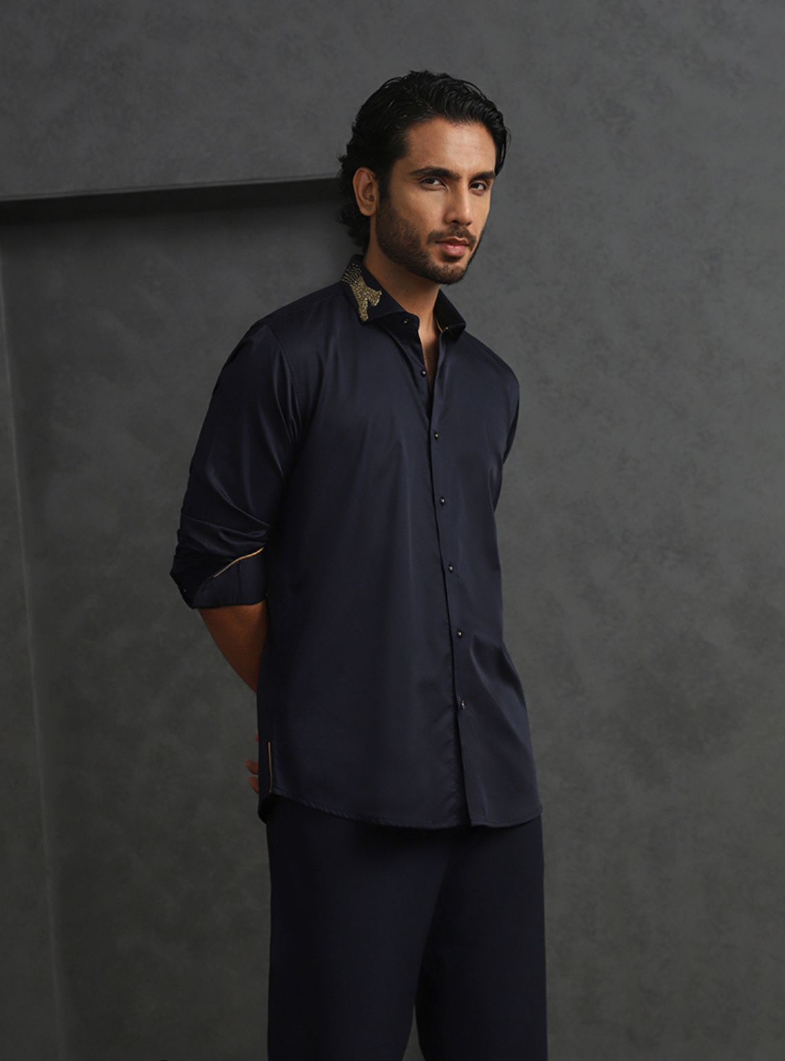 Navy Blue Slim Fit Supima Cotton Shirt with Striking Embroidery Detailing