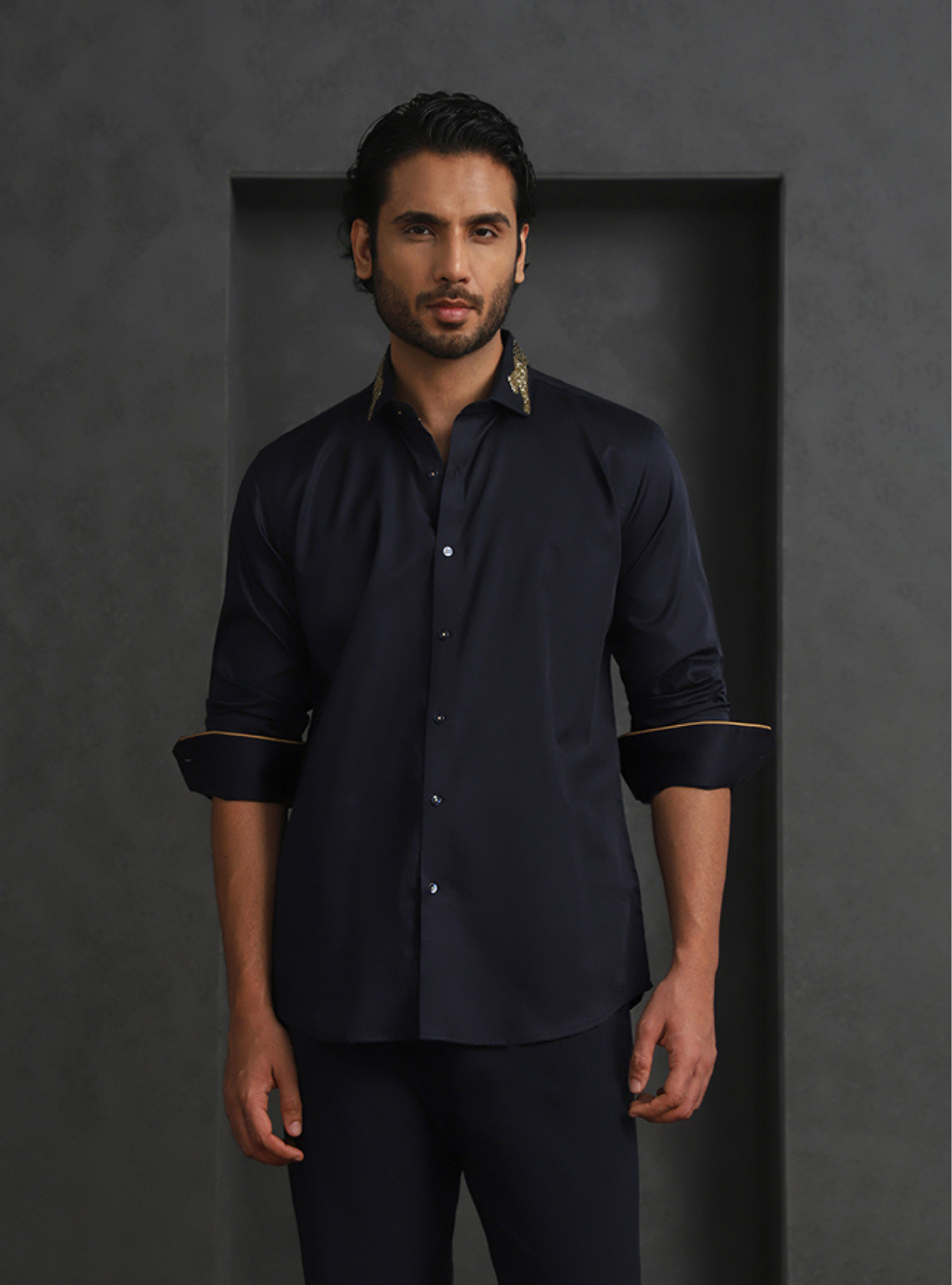 Navy Blue Slim Fit Supima Cotton Shirt with Striking Embroidery Detailing