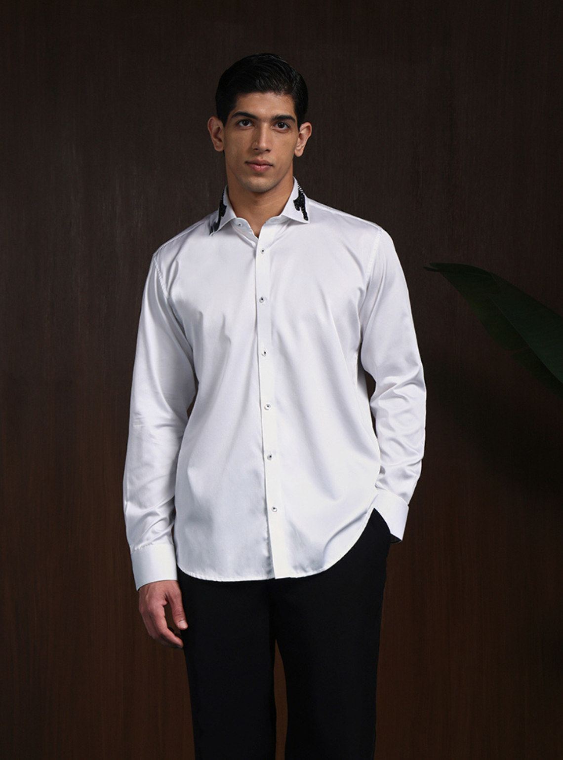White Slim Fit Supima Cotton Shirt with Minimal Modern Embroidery