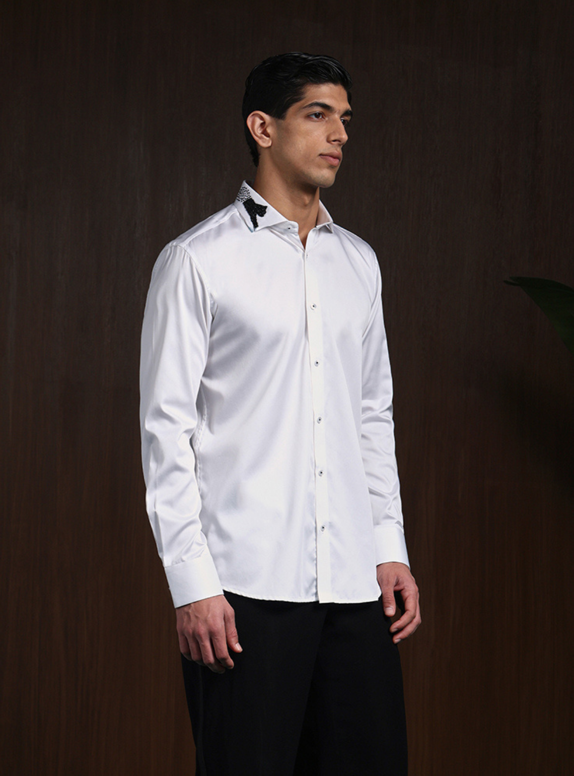 White Slim Fit Supima Cotton Shirt with Minimal Modern Embroidery