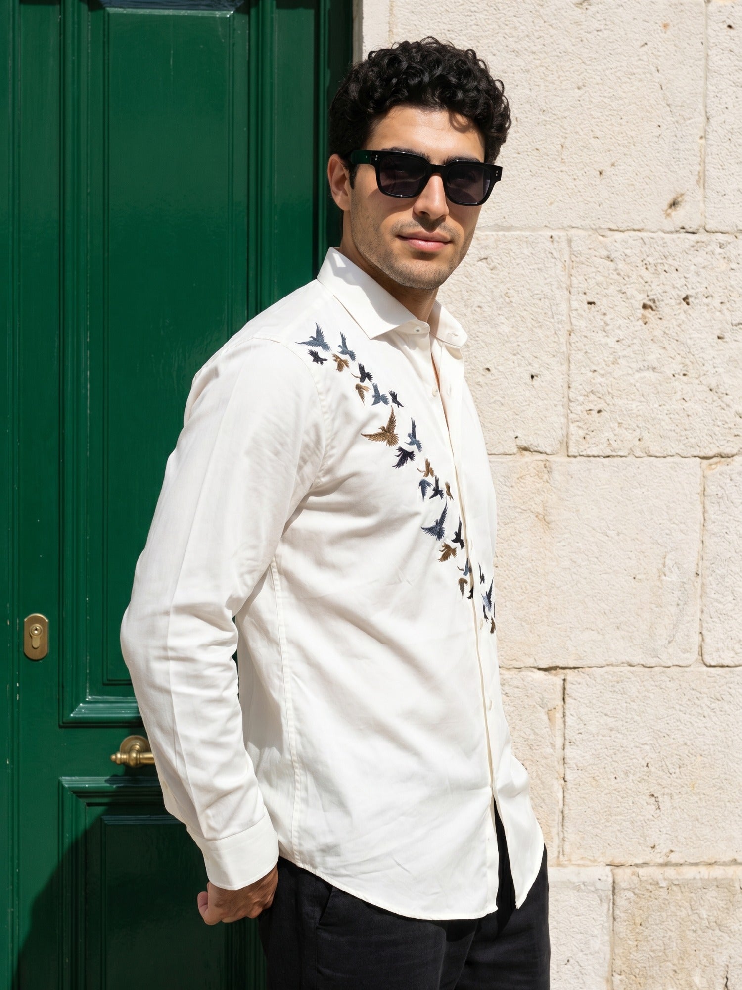White Bird Embroidered Cotton Slim Fit Shirt For Men
