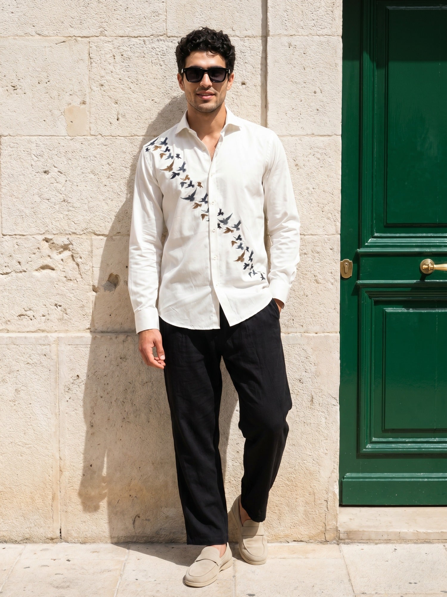 White Bird Embroidered Cotton Slim Fit Shirt For Men