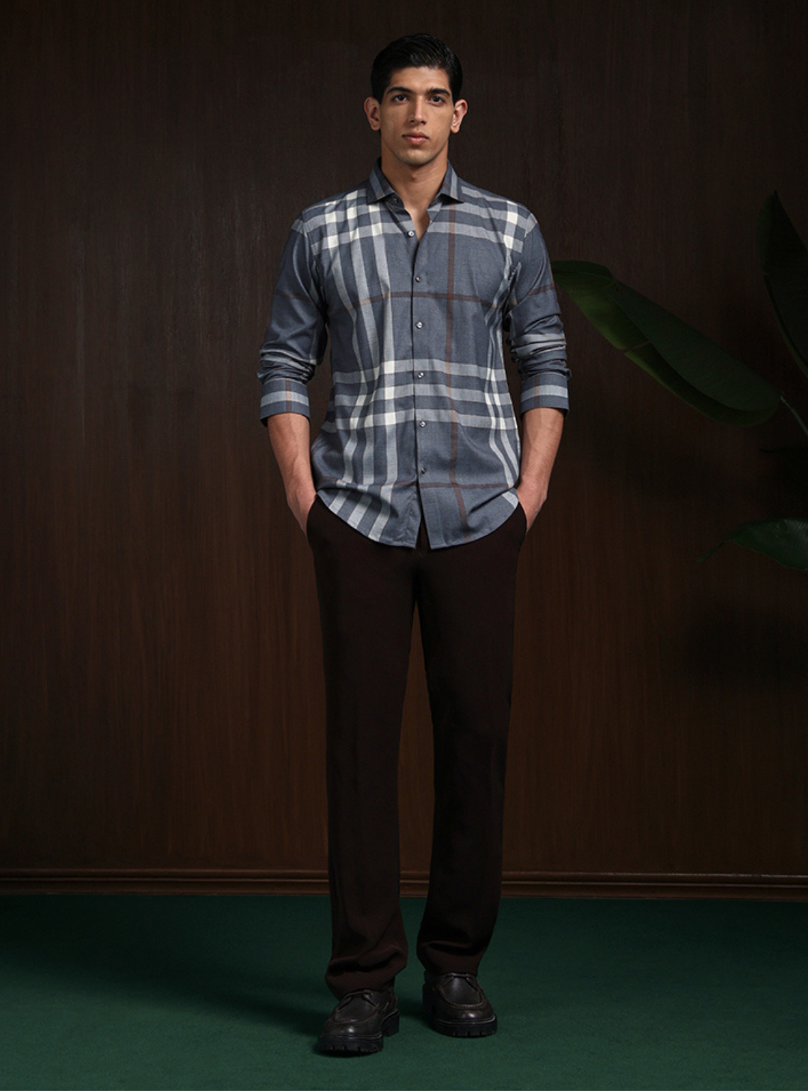 Grey Slim Fit Cotton Shirt with Refined Chex Design