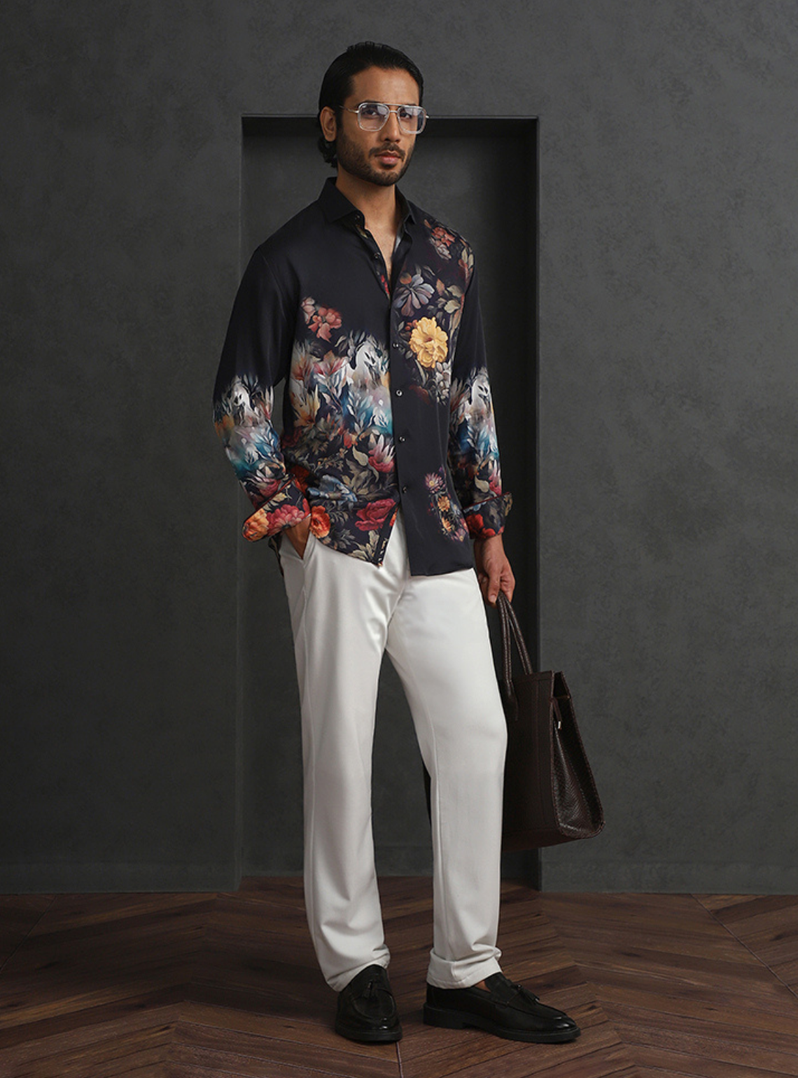 Multi Black Slim Fit Tencel Shirt with Artistic Print Design