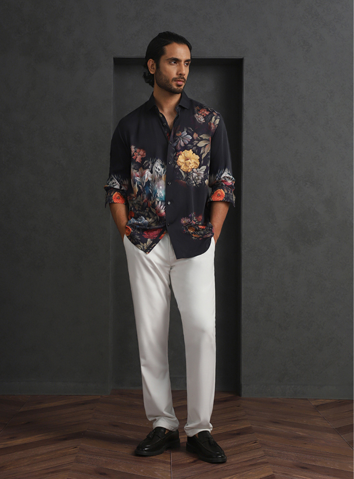 Multi Black Slim Fit Tencel Shirt with Artistic Print Design