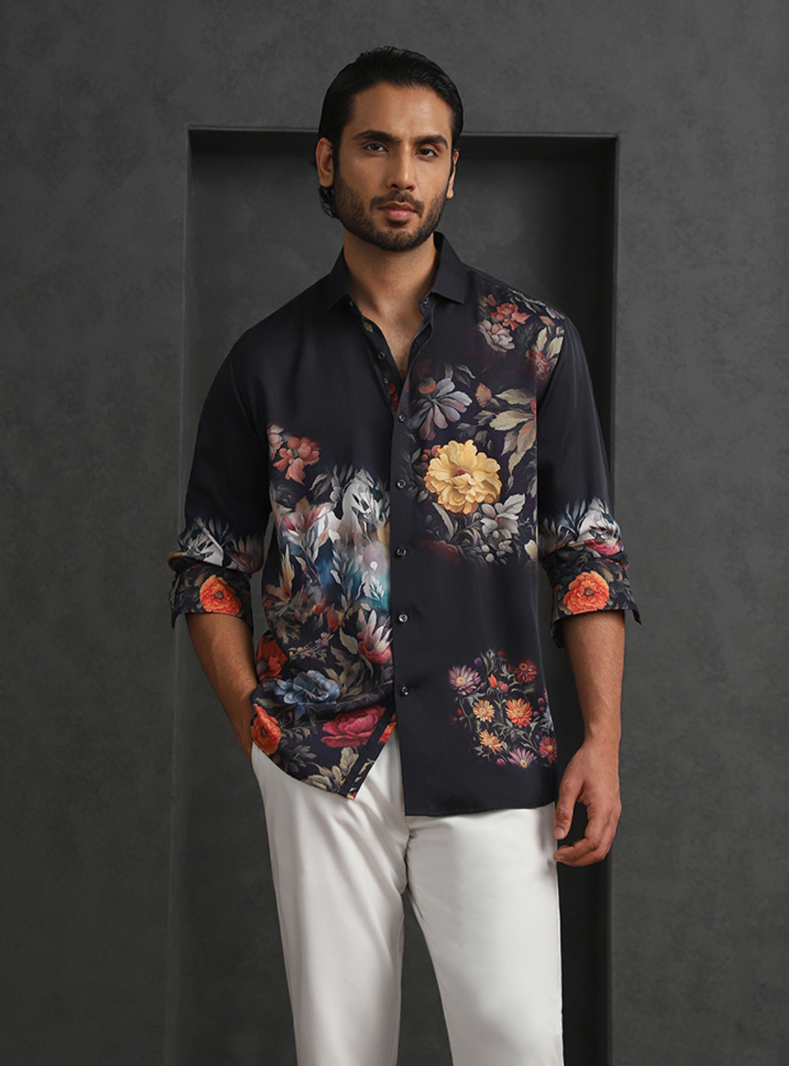 Multi Black Slim Fit Tencel Shirt with Artistic Print Design