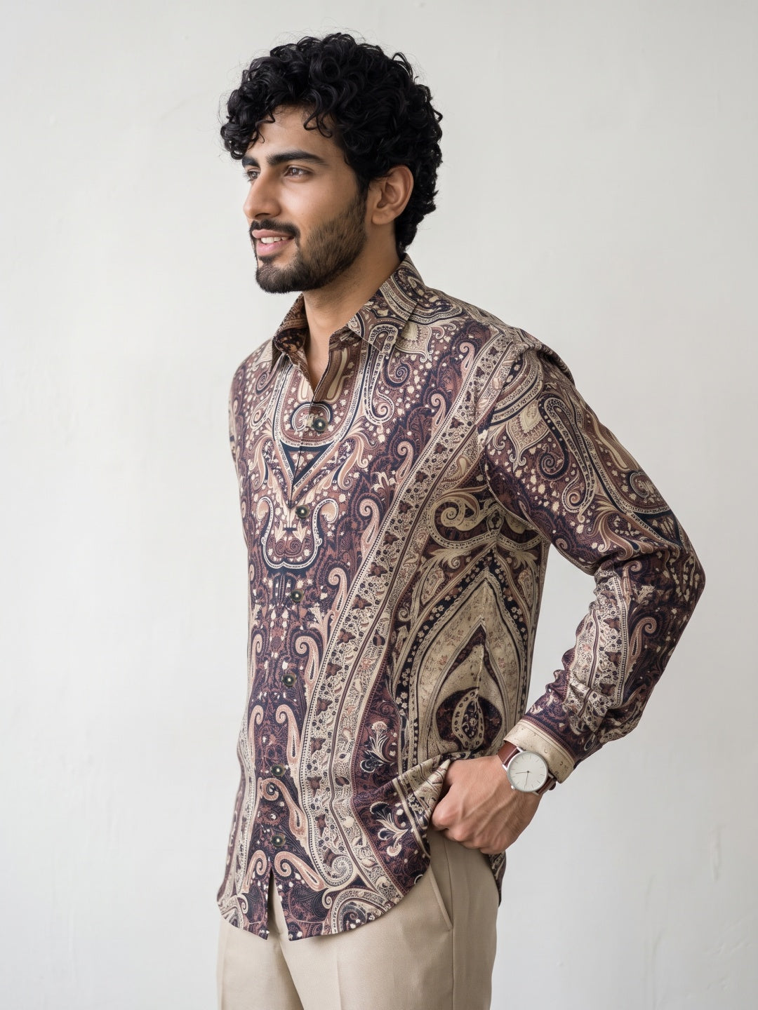 Multicolour Baroque Paisley Printed Tencel Slim Fit Shirt