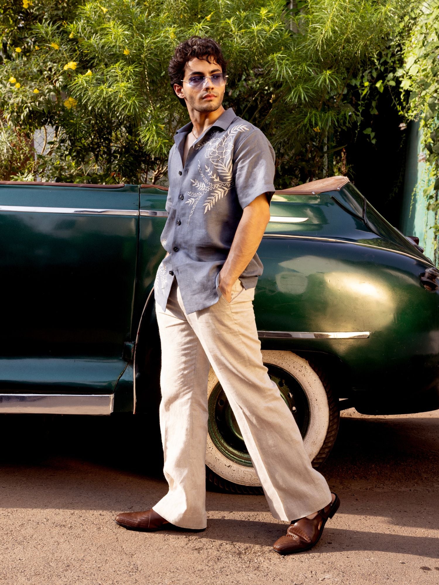 Dark Grey Aari Embroidered Linen Cuban Shirt