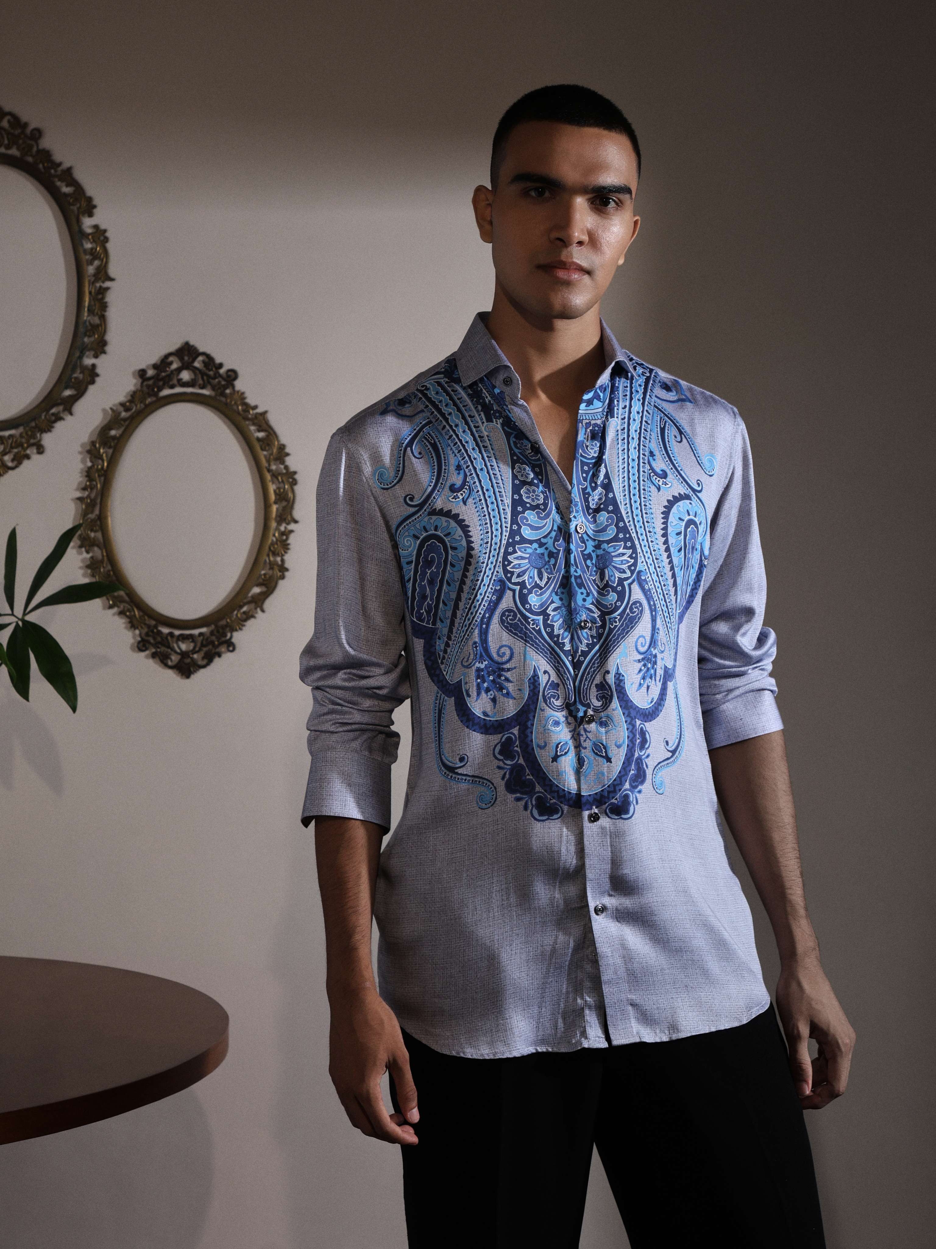 Steel Gray Tencel Printed Premium Quality Branded Shirt For Mens