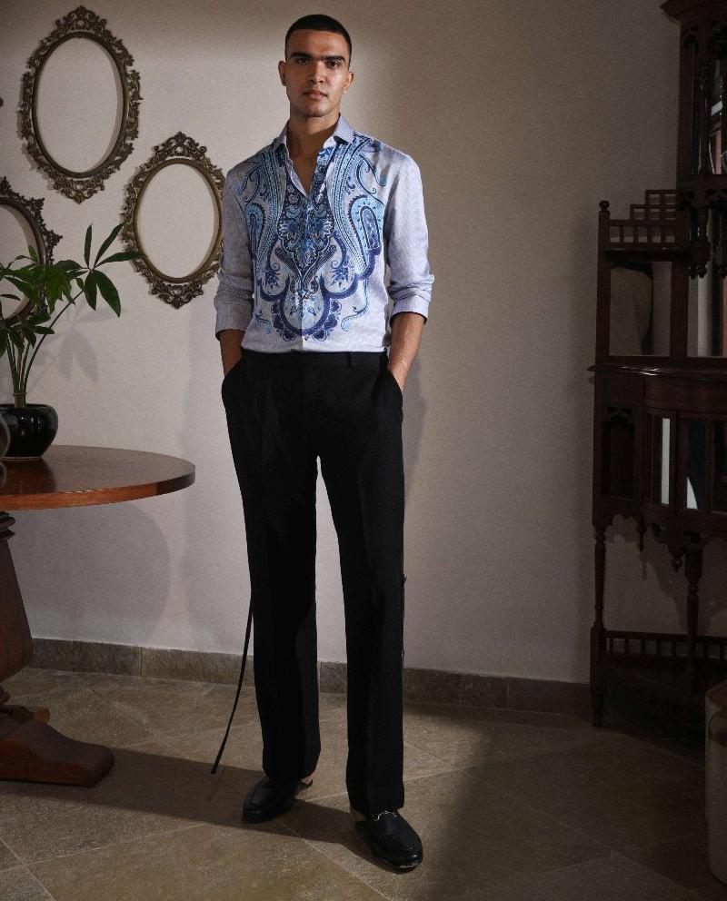 Steel Gray Tencel Printed Premium Quality Branded Shirt For Mens