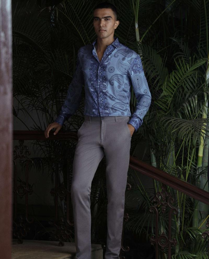 Sky Blue Tencel Full Sleeves Cotton Printed Men's Shirt
