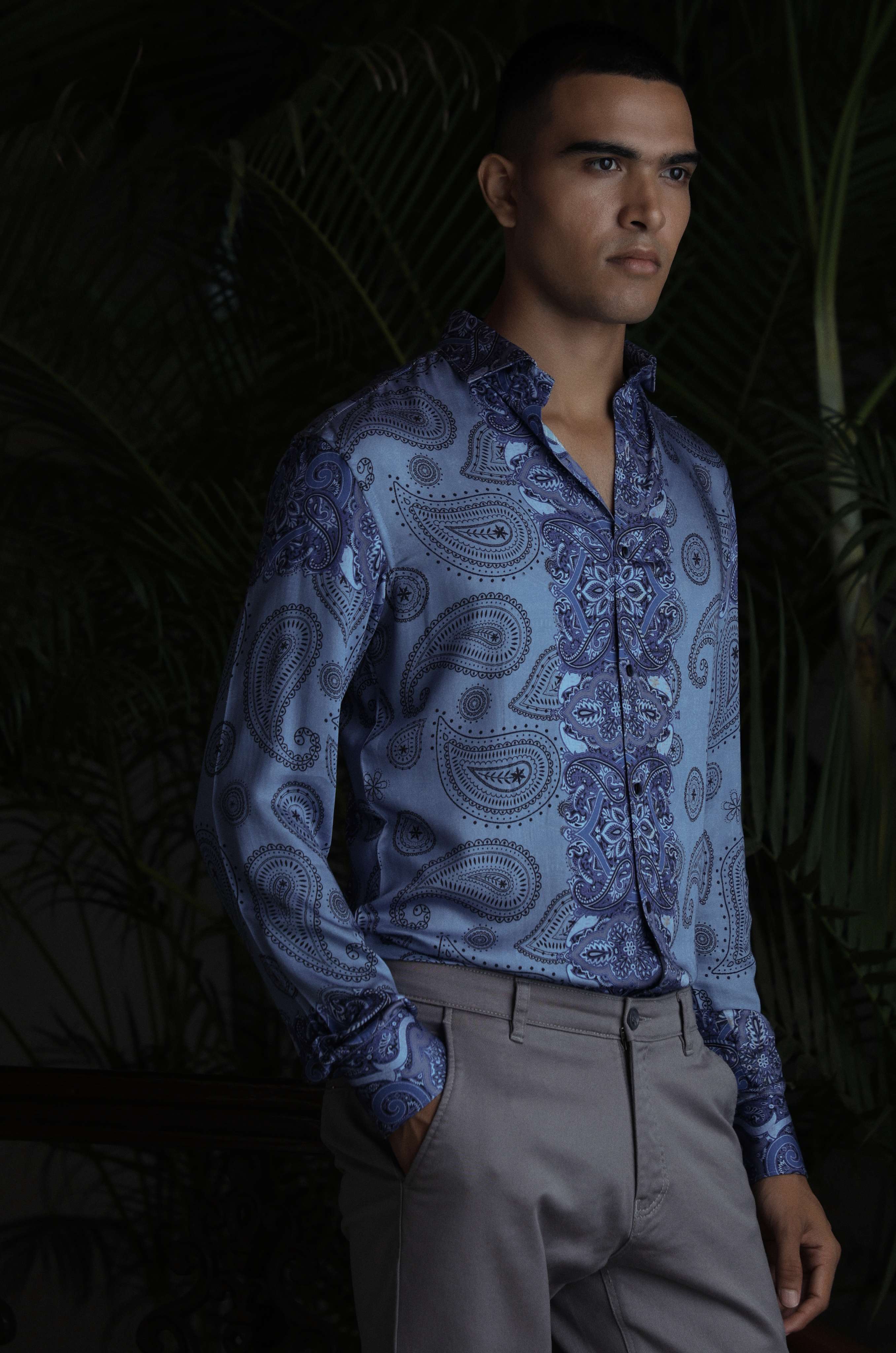 Sky Blue Tencel Full Sleeves Cotton Printed Men's Shirt