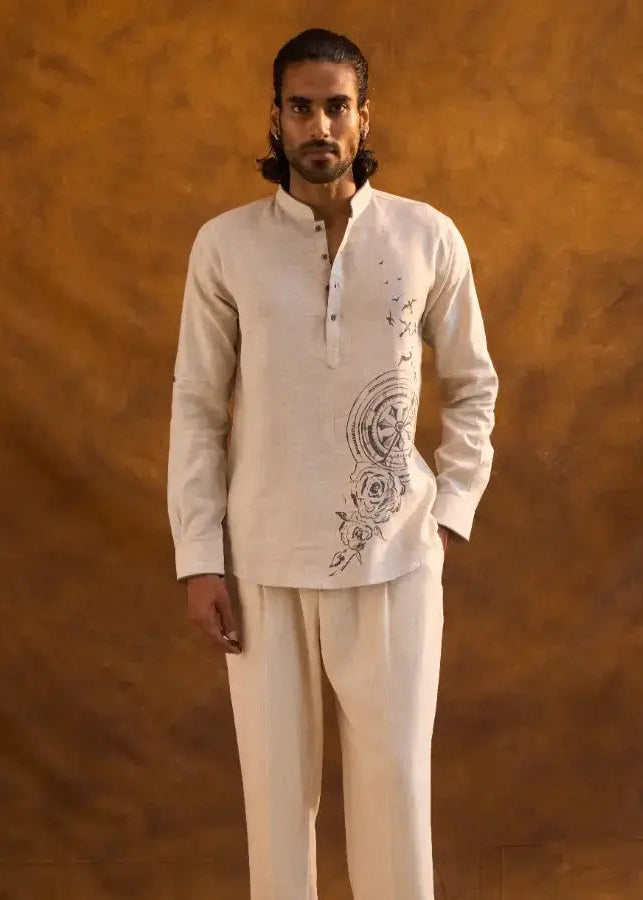 Natural Linen Kurti-Style Shirt with Hand-Painted Abstract Art