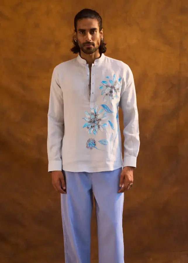 Steel Grey Linen Kurti-Style Shirt with Hand-Painted Blue Floral Art