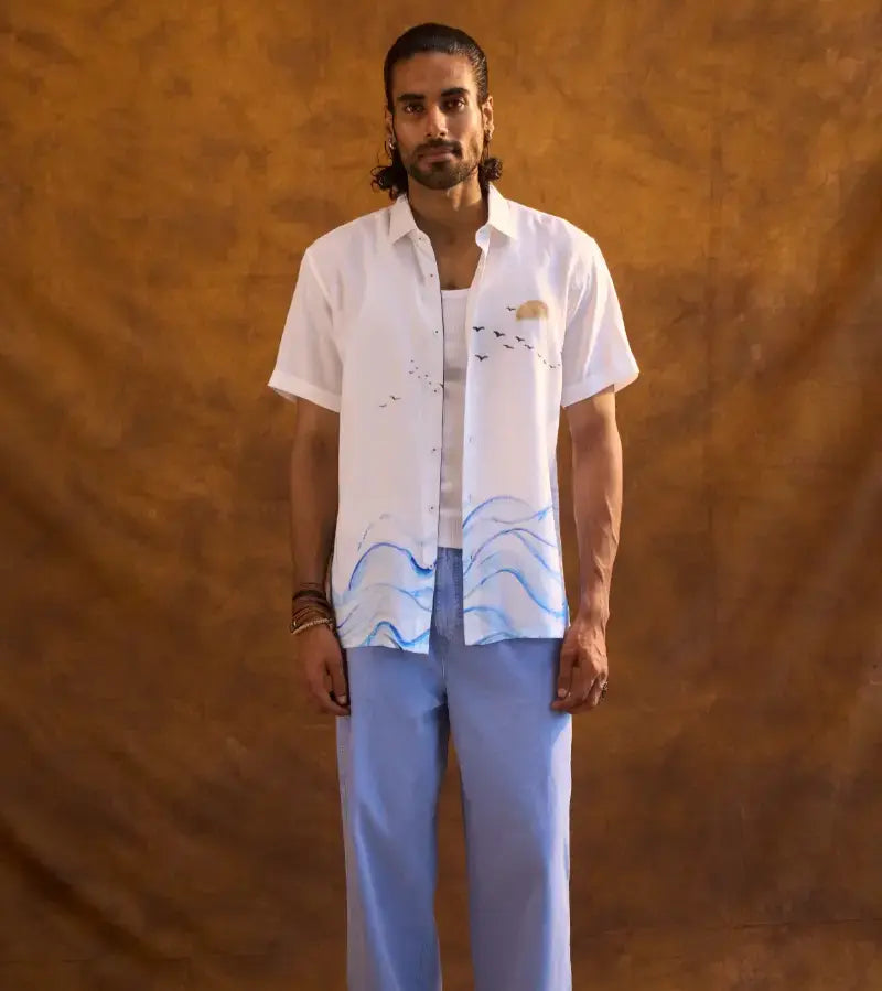 White Linen Shirt with Hand-Painted Ocean Art