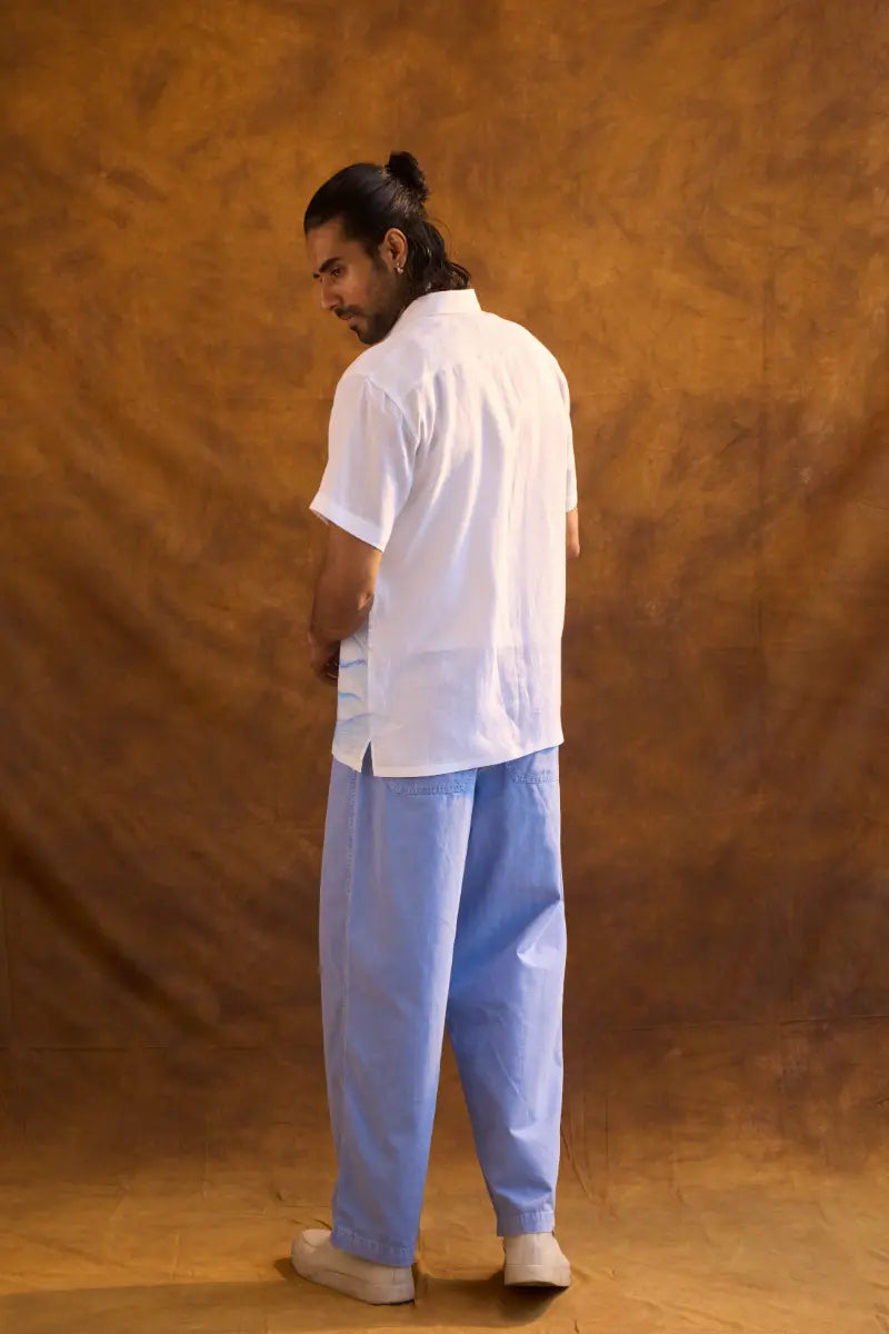 White Linen Shirt with Hand-Painted Ocean Art