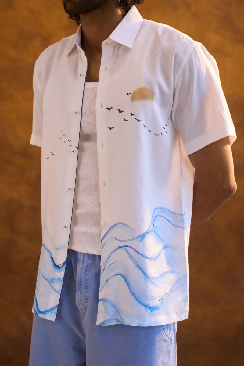 White Linen Shirt with Hand-Painted Ocean Art