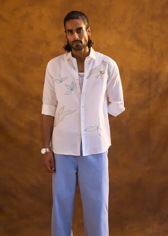 White Linen Shirt with Minimal Hand-Painted Floral Art