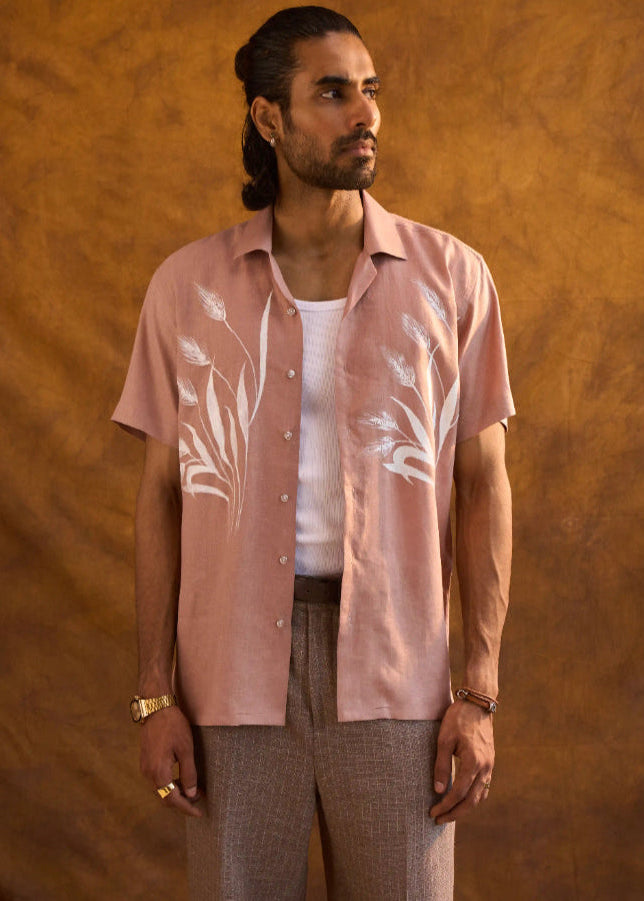 Brown Linen Shirt with Hand-Painted White Floral Art