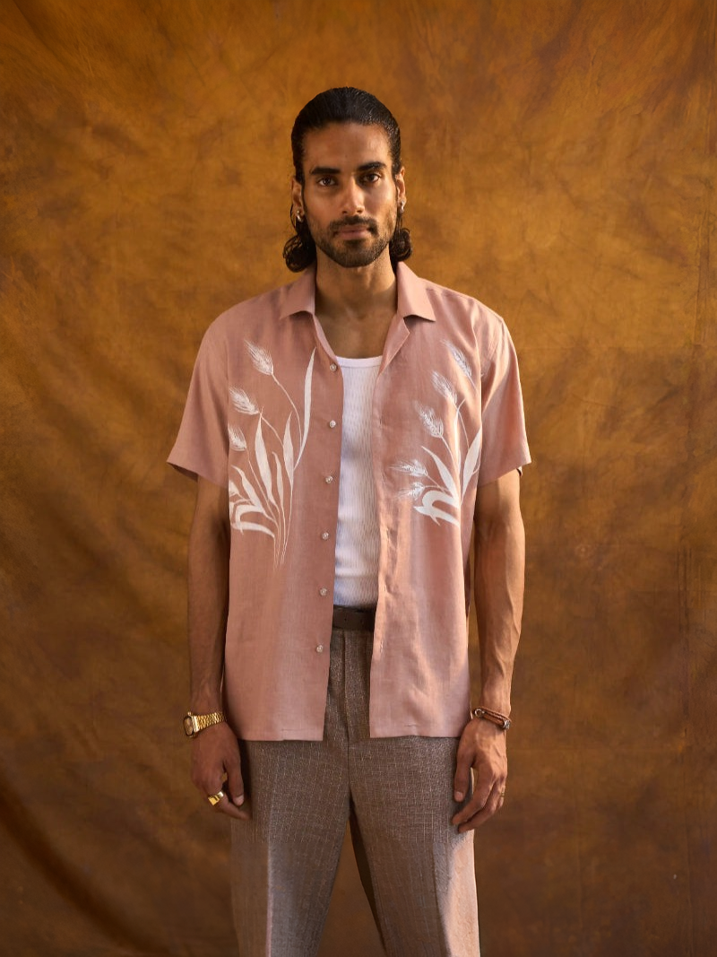 Brown Linen Shirt with Hand-Painted White Floral Art