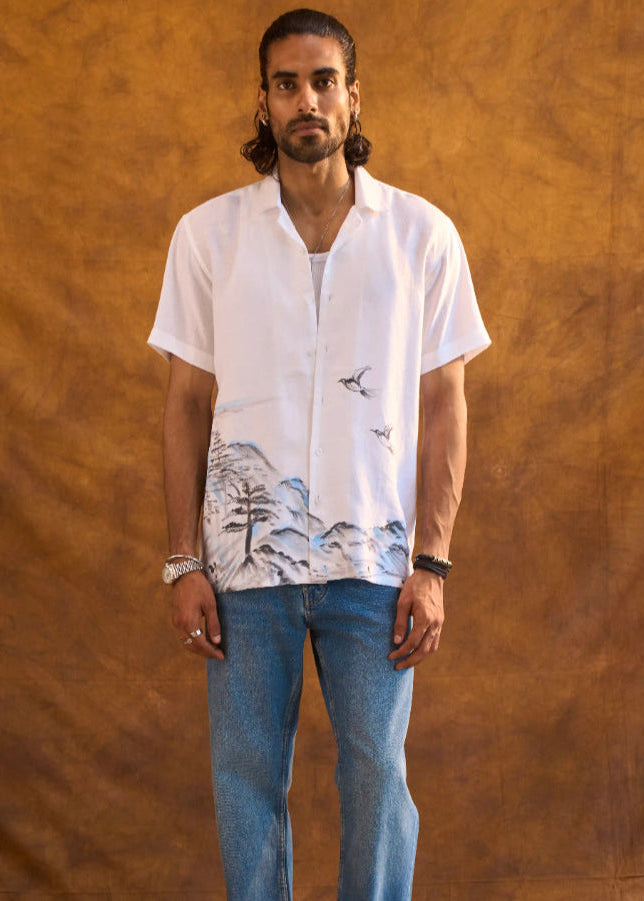White Linen Shirt with Hand-Painted Mountain Art