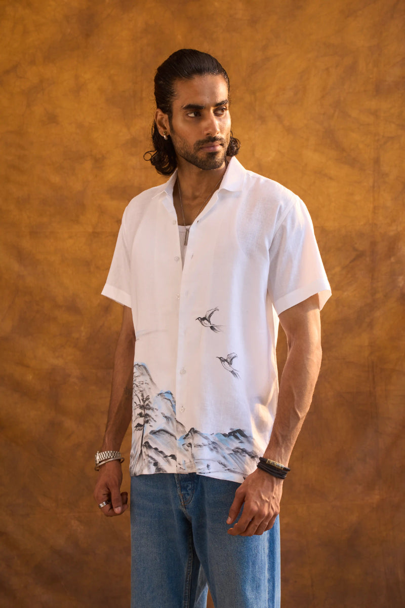 White Linen Shirt with Hand-Painted Mountain Art