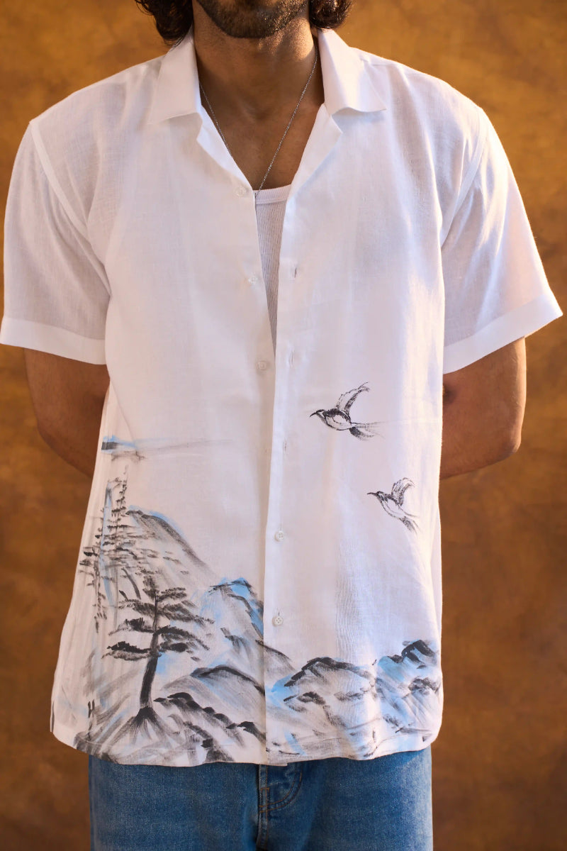White Linen Shirt with Hand-Painted Mountain Art