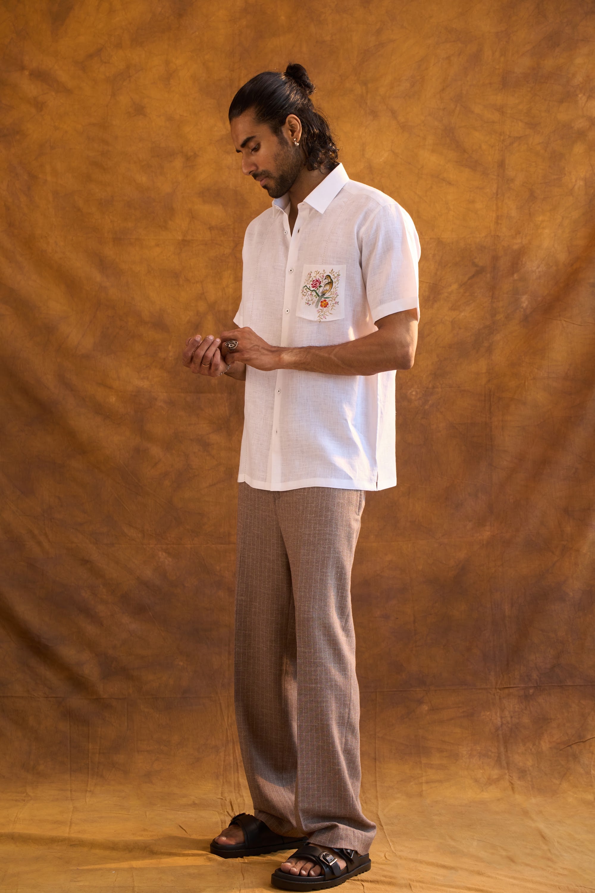 White Linen Shirt with Hand-Painted Bird & Floral Motif