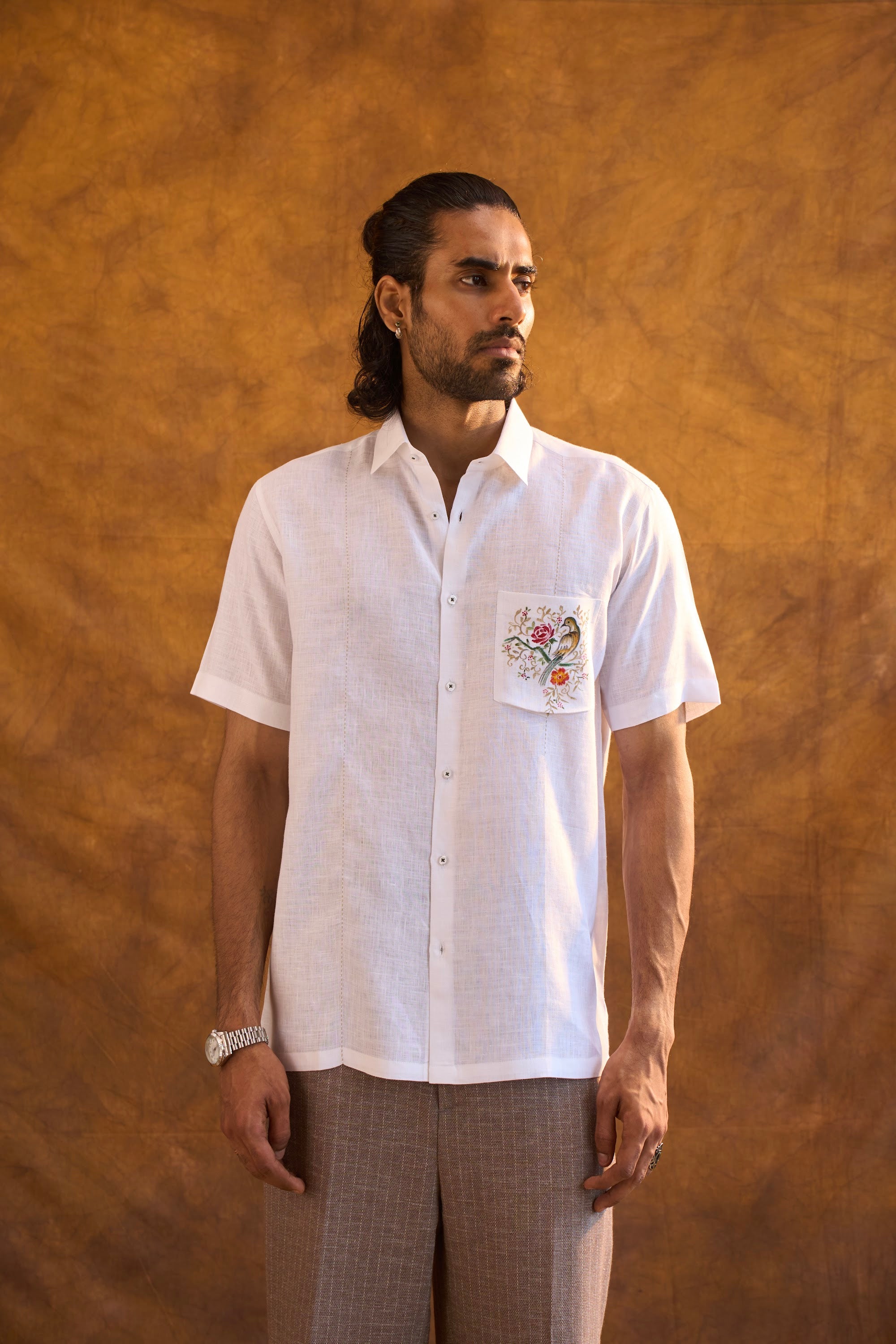 White Linen Shirt with Hand-Painted Bird & Floral Motif