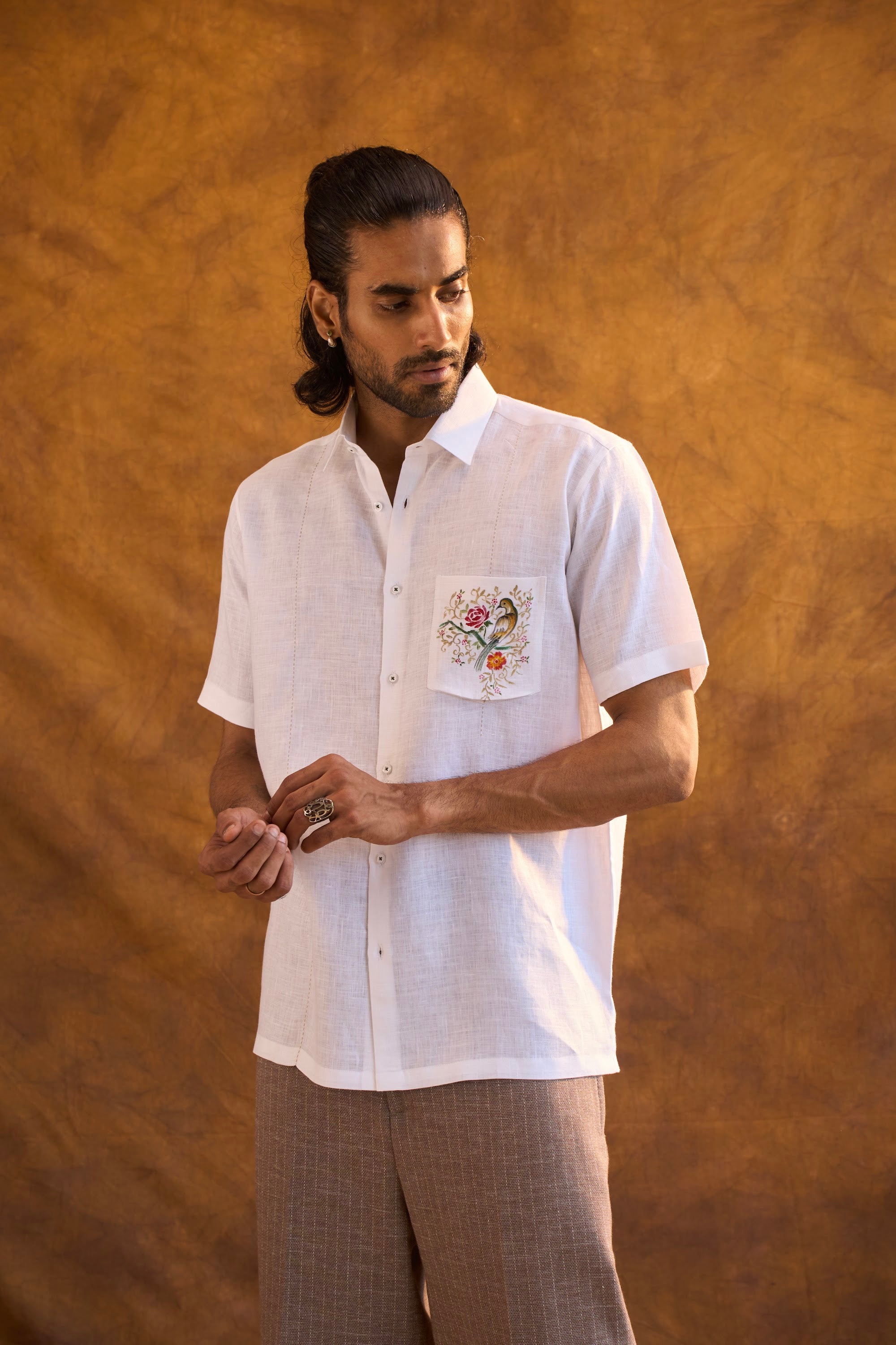 White Linen Shirt with Hand-Painted Bird & Floral Motif