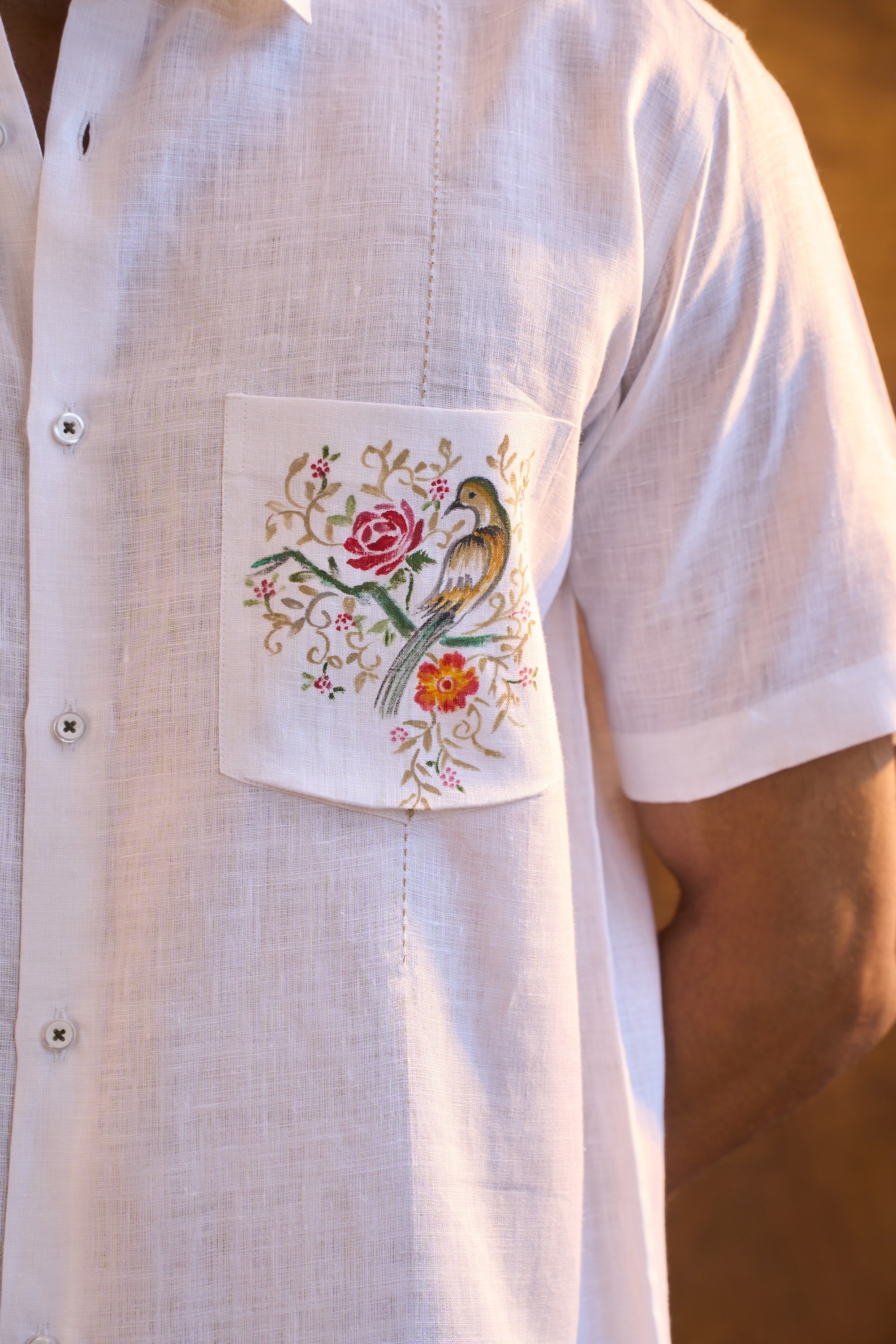 White Linen Shirt with Hand-Painted Bird & Floral Motif