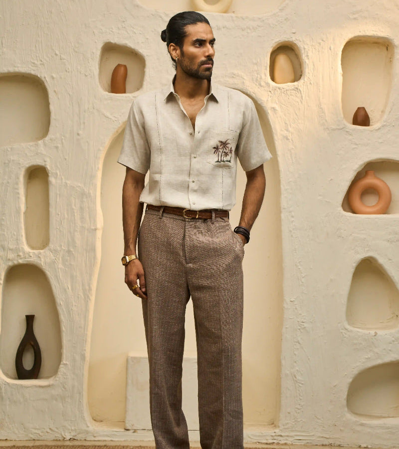 Natural Linen Shirt with Hand-Painted Tropical Motif