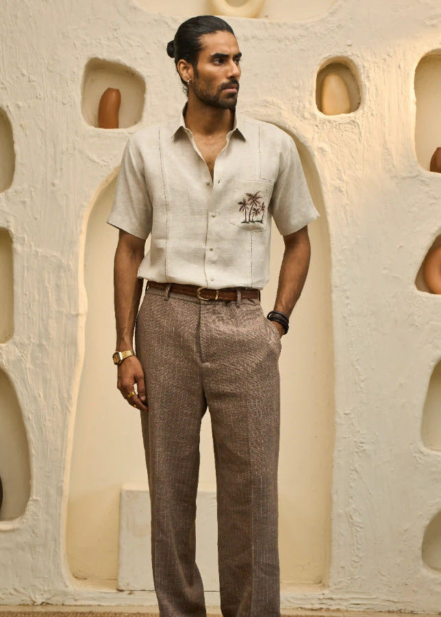 Natural Linen Shirt with Hand-Painted Tropical Motif