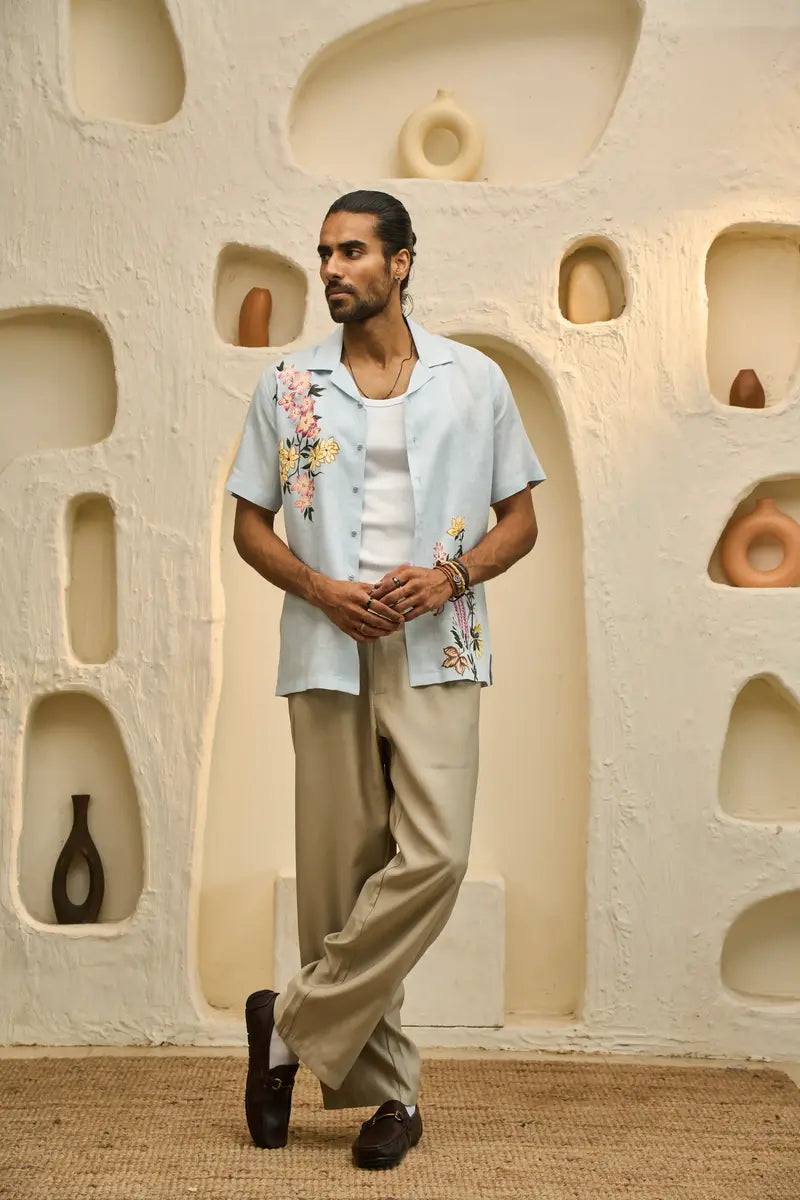 Light Blue Linen Shirt with Colourful Hand-Painted Floral Art