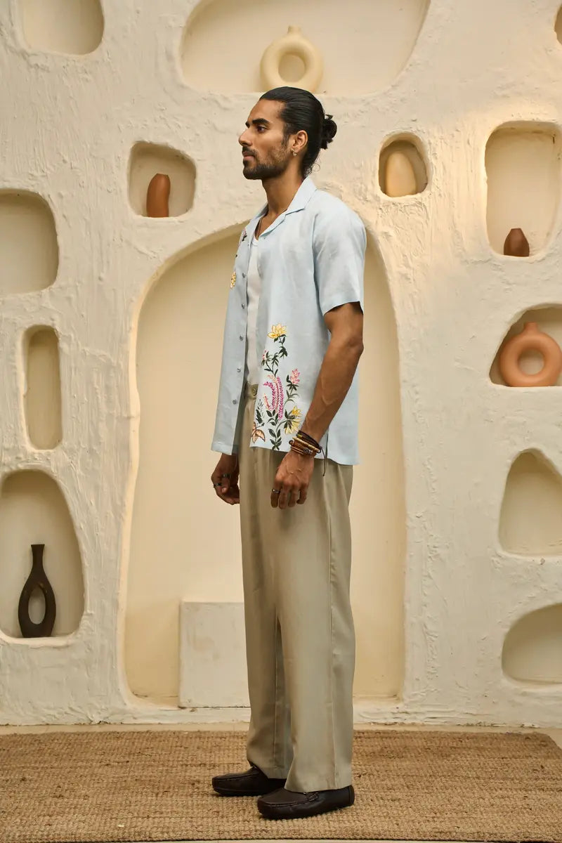 Light Blue Linen Shirt with Colourful Hand-Painted Floral Art