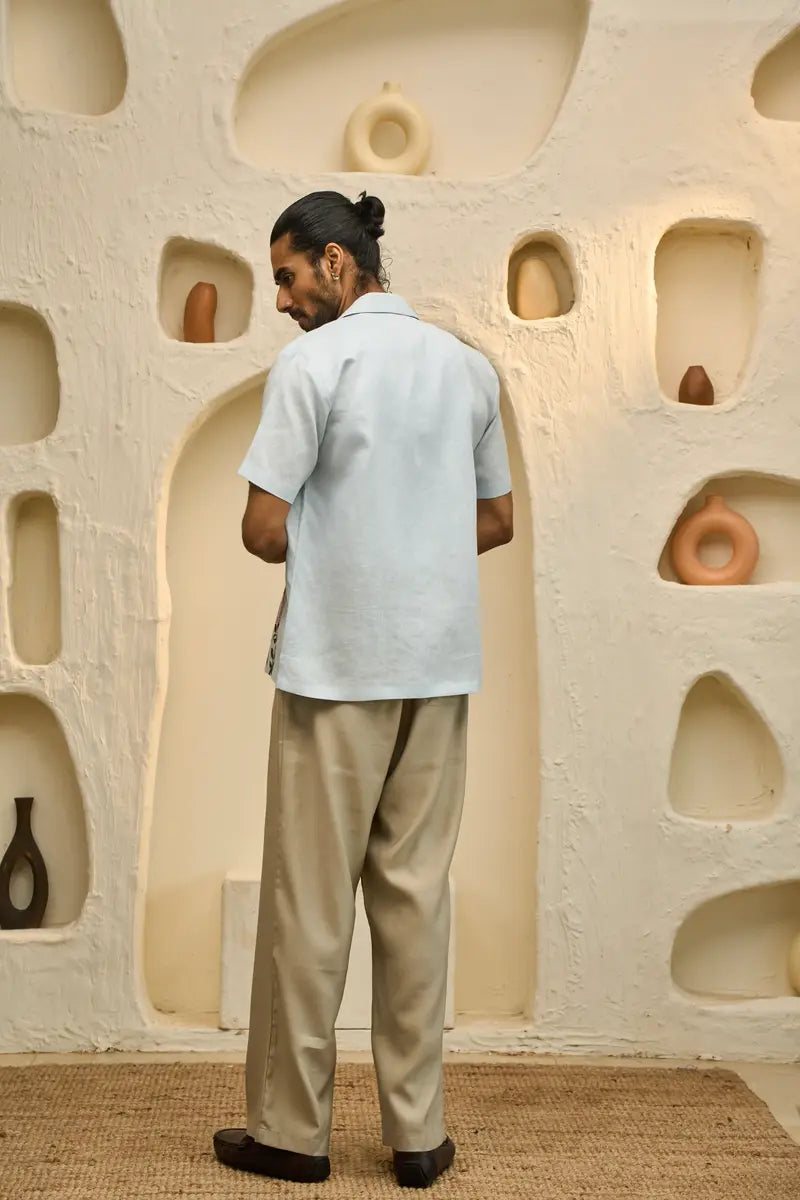 Light Blue Linen Shirt with Colourful Hand-Painted Floral Art