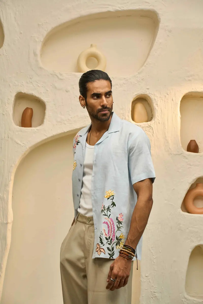 Light Blue Linen Shirt with Colourful Hand-Painted Floral Art