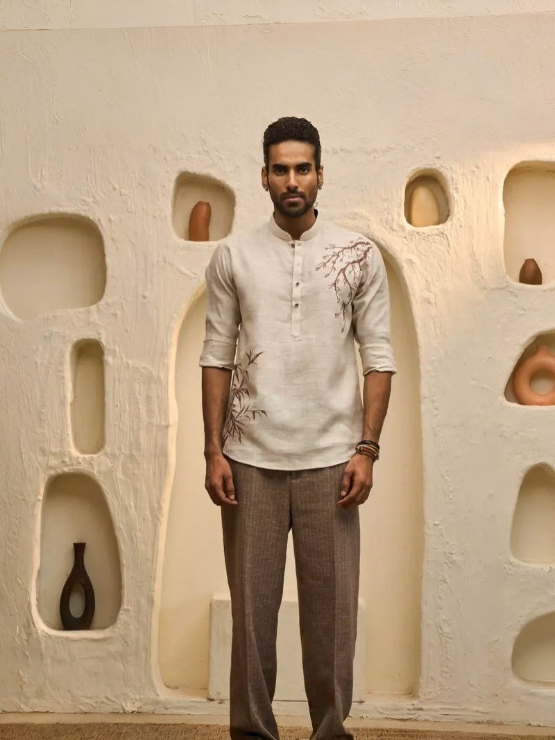 Natural Linen Kurti-Style Shirt with Hand-Painted Tree Art