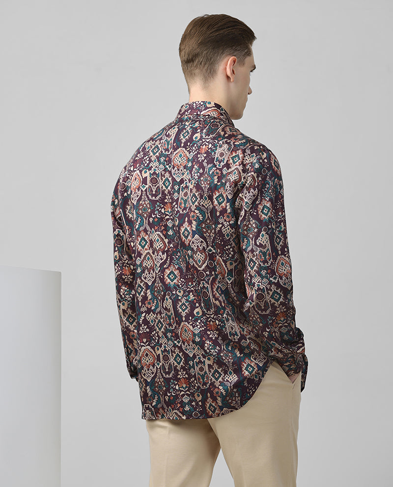 Wine Tencel Print Premium Cotton Slim Fit Shirt