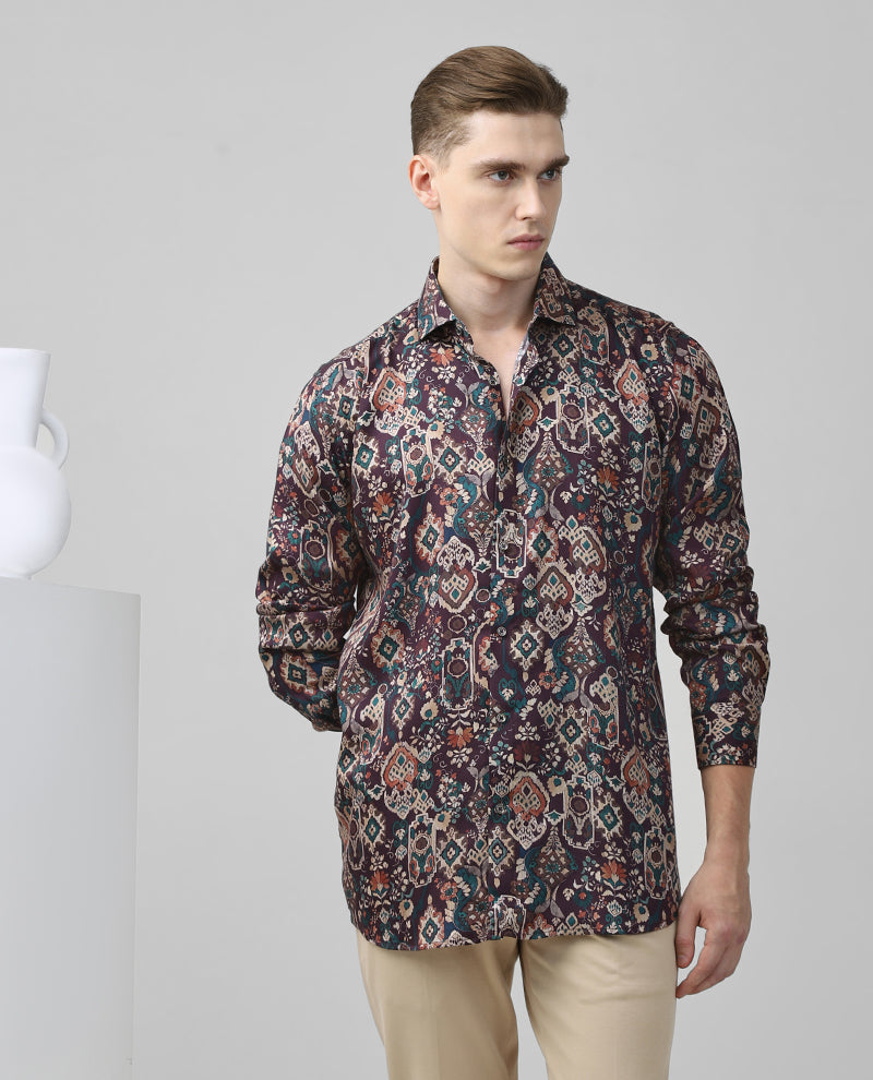 Wine Tencel Print Premium Cotton Slim Fit Shirt