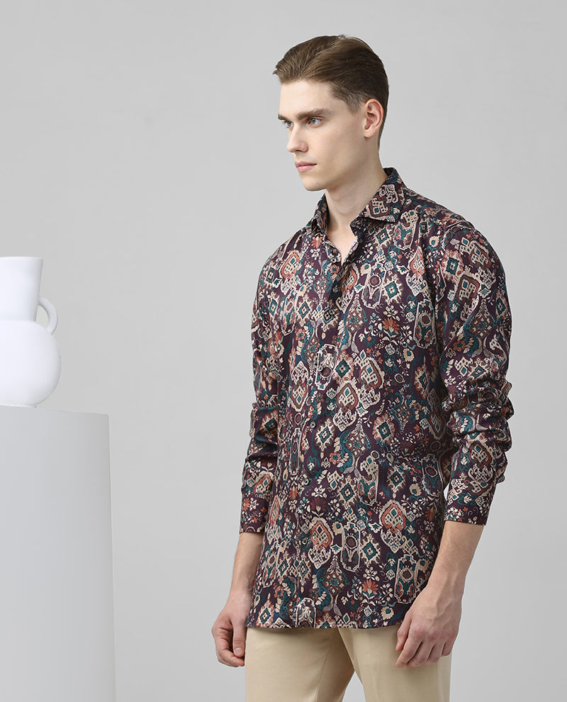 Wine Tencel Print Premium Cotton Slim Fit Shirt
